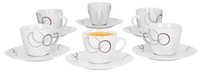 Obrázek produktu pro sada 6 šálků na kávu 20cl a podšálku na kávu 14,5cm Palazzo - vyrobeno z bílého porcelánu s ozdobnými kruhy v šedé a tmavě červené barvě