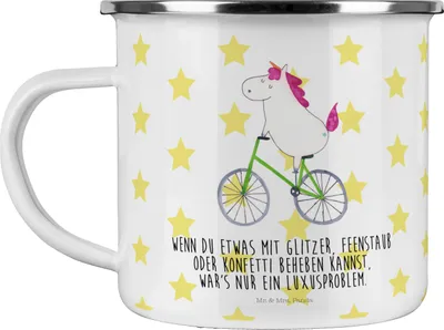 Produktbild von Mr. & Mrs. Panda Emaille Tasse Einhorn Radfahrer - Weiß - Geschenk, Einhörner, Bike, Unicorn, Reisebecher, Rad, Teetasse, Haferl, Campingbecher, Liebeskummer, Pott
