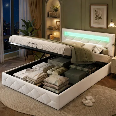 Produktbild von INONEFT Boxspringbett polsterbett 160x200cm mit stauraum, hydraulisches jugendbett mit LED, doppelbett mit lattenrost und bettkasten, samt weiß, KI-generiertes Bild