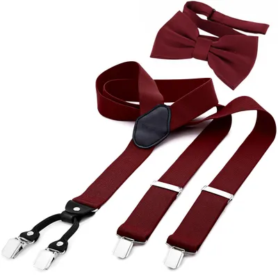 Produktbild von DonDon Herren 3,5 cm breiter Hosenträger in Y-Form elastisch und verstellbar im 2er Set mit farblich passender Fliege 12 x 6 cm Bordeauxrot