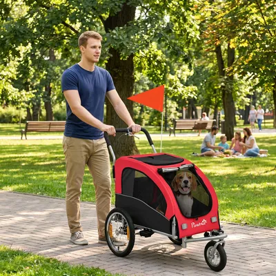 Produktbild von Hundebuggy 2-in-1 Fahrradanhänger, Hundeanhänger klappbar, Hundewagen mit Luftreifen, Rot | bis 20 kg | 10"/16" Reifen | Federung