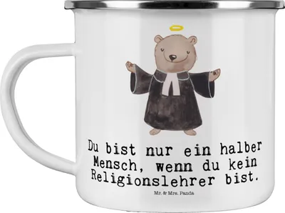 Produktbild von Mr. & Mrs. Panda Pott Religionslehrer Herz - Weiß - Geschenk, Witzig, Motivtasse, Campingtasse, Lustig, Grundschule, Spruch, Teetasse, Blechtasse, Emaille Tasse