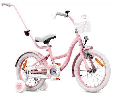 Obrázek produktu pro Kolo pro dívku 16 palců 4-6 let kolo s tréninkovými koly tlačné zařízení zvonek košík Flower Bike růžová
