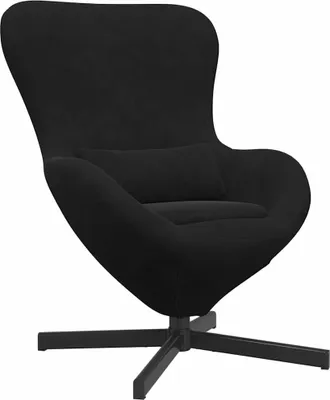 A black velvet egg chair with a small cushion, shown on a white background.