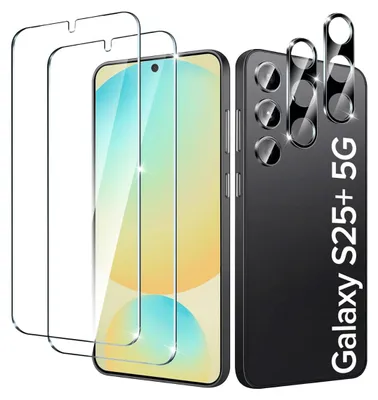 A product shot of screen protectors and camera lens protectors for a Samsung Galaxy S25 Plus 5G.