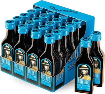 A display box of small liquor bottles with blue caps and labels featuring a man in a hat.