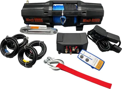 Immagine prodotto di Berger & Schröter | Verricello elettrico professionale 12 V, forza di trazione 2727 kg (5454 lb) con puleggia di rinvio, motore da 2,57 kW, fune sintetica da 15 m Ø 6,3 mm, 6000 lb