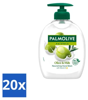 Imagen del producto de 20 unidades de jabón líquido para manos Palmolive, aroma leche y oliva, 300 ml cada uno. Paquete económico