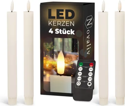 Produktbild von Stabkerzen LED mit Timer WEISS 4 Stück WEISS indoor - 6 Stunden - ECHTWACHS gerippt 23cm Höhe für Kerzen 2,2cm Durchmesser 2 AAA Batterien LED Stabkerzen flackernde Flamme bewegliche Flamme