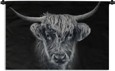 Produktbild von MuchoWow® Wandteppich Wandbehang Schottischer Highlander - Schwarz - Kuh - Tiere 150x100 cm Tapisserie Dekoration Wandtuch - Waschbar - Tapisserien - Wand-Decke