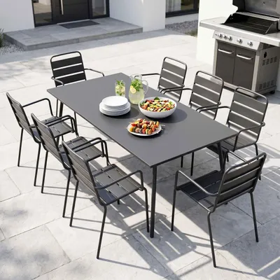 Image de Ensemble table de Jardin et 8 fauteuils en métal gris - Oviala Palavas