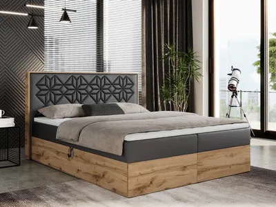 Produktbild von Boxspringbett 120x200 mit Bettkasten, Polsterbett 120x200 mit Matratze H3, Boxspringbett 120x200 mit Kopfteil, Boxspringbett mit Massivholz - Nessi - Dunkelgrau Kunstleder - H3