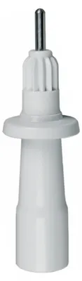 A white kitchen appliance part with a silver metal tip.