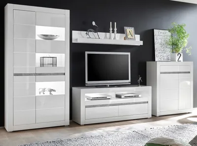 Produktbild von Wohnwand "Nobile" in weiß Hochglanz und Stone Design grau Anbauwand 4-teilig 370 x 198 cm