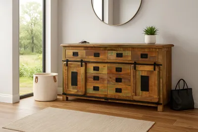 Produktbild von Sideboard Libro III, Mangoholz massiv + bunt, Kommode mit 2 Holzschiebetüren, 10 Schubladen & 2 offenen Fächern, Türelemente, Griffe & Reling aus Eisen, 200 x 90 x 45 cm, Shabby Chic