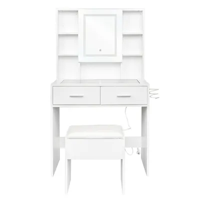 A white vanity table with a mirror and stool against a white background.