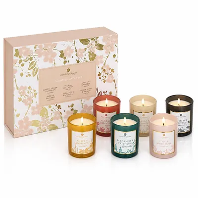 Produktbild von Luxus Duftkerzen Set 6er – Geschenkbox mit Duftkerzen im Farbglas – Aromatherapie Kerzen – Stilvolle Duftkerzen Geschenkset