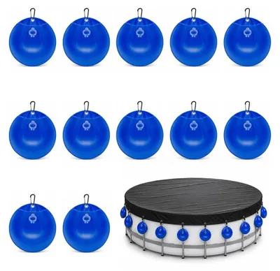 Imagen del producto de 12 cubiertas para piscina, contrapesos, bolsas de agua, y una piscina con ganchos