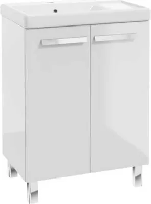 A white freestanding bathroom cabinet with a sink and drainboard.