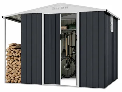 Immagine prodotto di COSTWAY, capanno da giardino in metallo, deposito attrezzi con tetto a falda, 2 porte scorrevoli, finestra, griglie di ventilazione e serratura, capacità 5,66 m³, dimensioni 244x194x181 cm