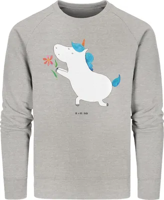 Produktbild von Mr. & Mrs. Panda Bio Baumwoll Pullover Einhorn Blume Größe XXL - Heather Grey - Geschenk, Pulli, Verlobung, Rundhals, Sweatshirt, Sweater, Einhörner, Unicorn, Liebe