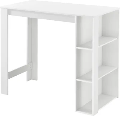 A white bar table with shelves on the side, shown against a white background.
