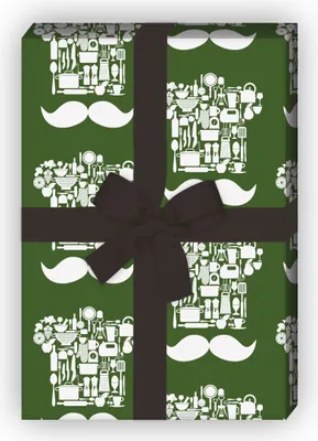 Produktbild von Schickes Kochmützen Geschenkpapier mit Moustache auf grün - G7569, 32 x 48cm