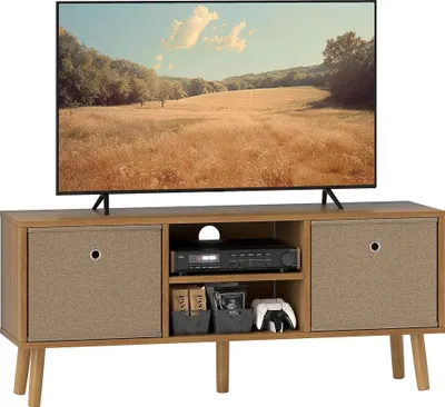 Image de Meuble TV - Buffet TV - 2 tiroirs tissu - 2 compartiments ouverts - Passe-câbles - Pour téléviseur jusqu'à 127 cm - Longueur 110 cm - Bois - Marron
