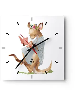 Produktbild von Wanduhr - Quadrat - Glasuhr - Känguru Mama Kind - 40x40cm - Schleichendes Uhrwerk - Lautlos - zum Aufhängen bereit - Dekoration Modern - Wanddekoration aus Glas - C3AC40x40-4705