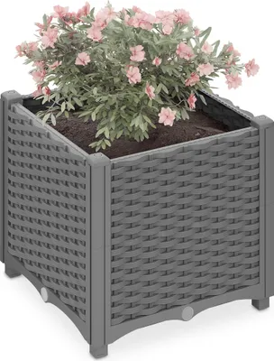 Zdjęcie produktu dla Donica Relaxdays, imitacja rattanu, wymiary: 38 x 40 x 40 cm, do ogrodu, na balkon i taras, donica z zbiornikiem na wodę, kolor szary