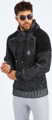 Produktbild von Leif Nelson Schalkragen Herren Strickpullover Grobstrick Schalkragen LN-5235, Schwarz Ecru / XL