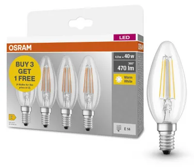 Produktbild von 4er-Pack OSRAM LED Kerze E14 Base Classic Filament B40 4W 470lm Warmweiss 2700K wie 40W 4099854122088