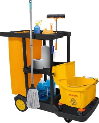 Immagine prodotto di Carrello per la pulizia professionale, con tasca extra grande, dimensioni 113 x 56 x 93 cm, carrello per la pulizia a 3 ripiani, carrello per la pulizia domestica con 4 ruote, ampia capacità, sacco per rifiuti da 65 litri, colore giallo e nero