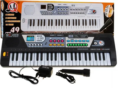 A black electronic keyboard with a white keyboard shown above it, along with a power adapter and a microphone.