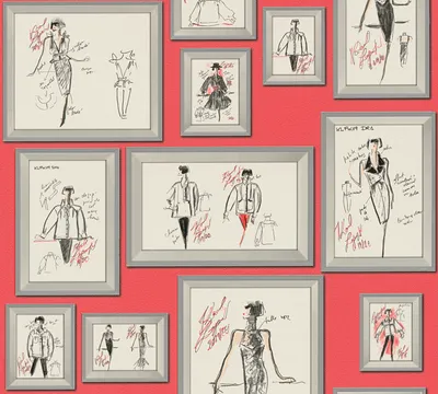Produktbild von Karl Lagerfeld Wallpaper Designertapete Sketch Luxustapete Vliestapete rot silber grau weiß metallic 10,05 m x 0,53 m