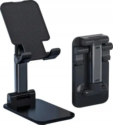 A black foldable tablet and phone stand is shown in two configurations: one upright and one folded.