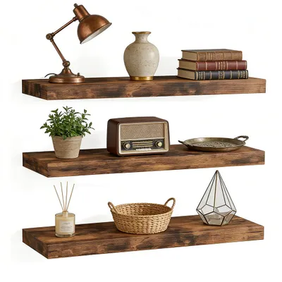 Produktbild von 3er Set Wandregal Schweberegal 15 x 40 x 1.5 cm Vintage Wandboard Regalbrett Regal für Wohnzimmer Badzimmer Küche Flur Metall/Holz