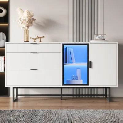 Produktbild von Merax Multifunktional Sideboard mit LED-Beleuchtung, Kommode mit 3 Schubladen und Glastüren, moderner Esszimmerschrank mit Metallstützen, Weiß