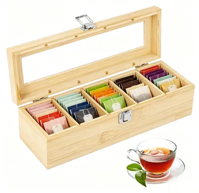 Bambus-Theebox mit 5 Fächern, 30x10x9 cm, Teebeutel-Organizer