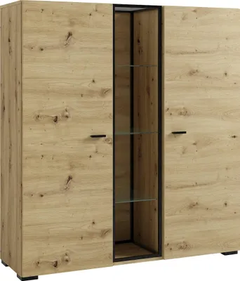 Produktbild von byLIVING Highboard FRAME / Artisan Eiche (Eiche-Optik), schwarz / Metallrahmen mit Glasböden und offenen Fächern / Wohnzimmerschrank / Kommode / B 120 x H 130,5 x T 38 cm
