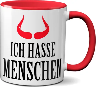 Produktbild von TassenKing Tasse „Ich hasse Menschen“ – Kaffeebecher mit lustigem Spruch und roten Hörnern – Geschenkidee für Freunde, Kollegen, Spaßartikel, rot
