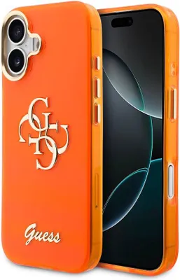 Productafbeelding van Guess telefoonhoesje voor Apple iPhone 17 - 4G, model "Script" met metalen logo - Oranje