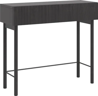 A console table with a fluted drawer front and thin metal legs, presented against a white background.