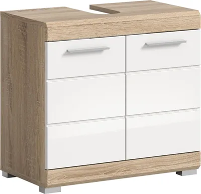 Produktbild von Famanu Waschbeckenunterschrank - Badezimmermöbel - Sonoma Eiche - Weiß Hochglanz - Platzsparend - Ca. 60x56x34 cm