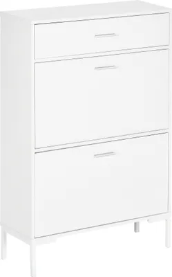 Produktbild von HOMCOM Schuhregal, moderner Schuhschrank für 12 Paar Schuhe mit 2 Klapptüren und Schublade, aus Spanplatte, MDF und Metall, 75x26x110 cm, weiß