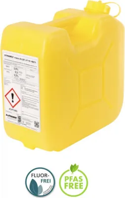 A yellow jerrycan with a label on it, and two circular badges below.
