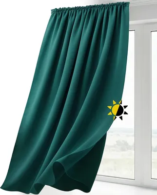 A teal curtain is draped in front of a window, with a sun icon overlay on the right side.
