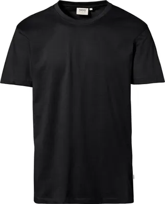 A plain black t-shirt is shown against a white background.