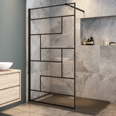 Produktbild von 140x200cm Schwarze unregelmäßige FormDuschabtrennung 8mm Nano ESG Duschwand Duschabtrennung + 73-120cm Stabilisator