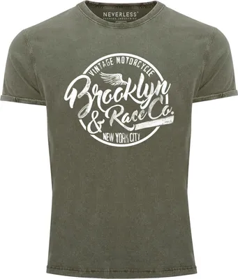 Produktbild von Cooles Angesagtes Herren T-Shirt Vintage Shirt Brooklyn Racing Used Look Slim Fit Neverless® oliv S